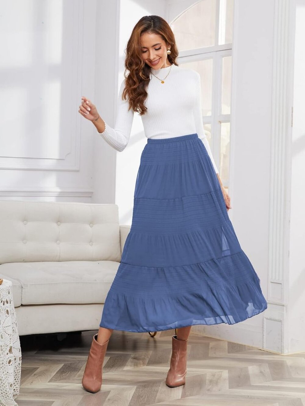 Women's Blue Chiffon Elastic High Waisted Pleated Flared A-Line Long Skirt - Picture 2 of 6